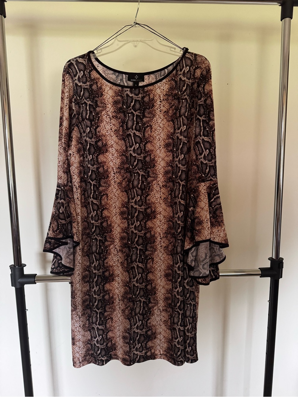 Ronni Nicole Brown Snake Print Midi Dress with Bell Sleeves